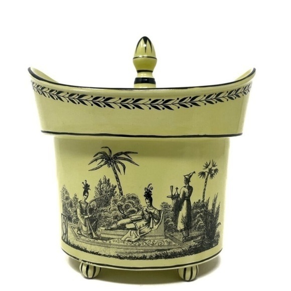 The Story of Creil Other - Vintage Mottahedeh Creil Yellow/Black Porcelain 7” Scoop Lidded Footed Urn Italy